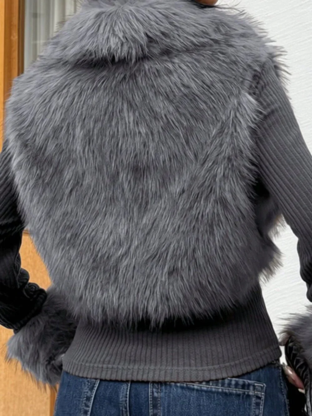 Dark Grey Casual Women's Street Style Faux Fur Zip-Up Long Sleeve Jacket